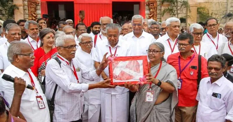 Former Keralam Chief Minister Pinarayi Vijayan, CPI(M) politburo Prakash Karat, Biman Bose, CPI General Secretary D. Raja and other leaders during the 24th party congress of CPI (M), in Madurai, Tamil Nadu in 2025.