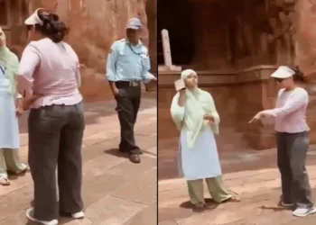 Tourist woman objects to Hijabi staff wearing footwear inside Badami temple premises