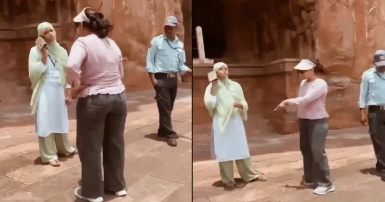 Tourist woman objects to Hijabi staff wearing footwear inside Badami temple premises