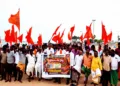 Supporters of Hindu Munnani wage one leg protest against the Thiruchendur Subramanya Swamy temple ticket scam