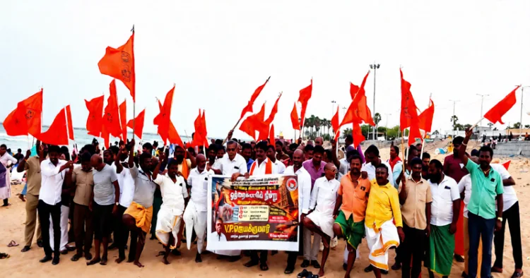 Supporters of Hindu Munnani wage one leg protest against the Thiruchendur Subramanya Swamy temple ticket scam