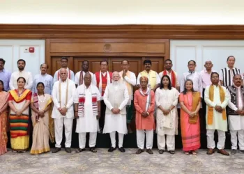 Prime Minister Narendra Modi with representatives of the Janjati Suraksha
Manch