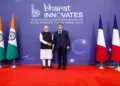 Nice [France], Jun 14 (ANI): Prime Minister Narendra Modi exchanges a handshake with French President Emmanuel Macron before the joint inauguration of the 'Bharat Innovates' event, in Nice on Sunday. (Narendra Modi Photo Gallery/ANI Photo)