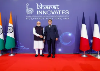 Nice [France], Jun 14 (ANI): Prime Minister Narendra Modi exchanges a handshake with French President Emmanuel Macron before the joint inauguration of the 'Bharat Innovates' event, in Nice on Sunday. (Narendra Modi Photo Gallery/ANI Photo)