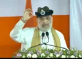 Union Home Minister Amit Shah addressing BSF personnel at the Lankamura Border Outpost along the India-Bangladesh border in West Tripura district on June 5, 2026
