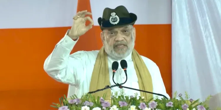 Union Home Minister Amit Shah addressing BSF personnel at the Lankamura Border Outpost along the India-Bangladesh border in West Tripura district on June 5, 2026