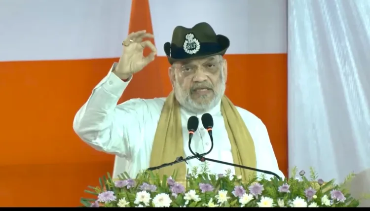 Union Home Minister Amit Shah addressing BSF personnel at the Lankamura Border Outpost along the India-Bangladesh border in West Tripura district on June 5, 2026