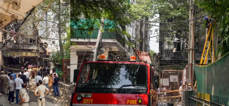 Fire-fighting officials at the site of the restaurant in Delhi Malviya Nagar
