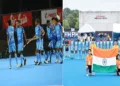 (Left) Victorious Indian Men-s hockey team who who won Gold in U-18 Asia Cup (Right) U-18 Women's hockey team who won bronze medal in the Asia Cup