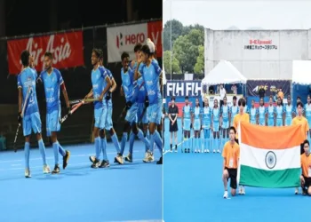 (Left) Victorious Indian Men-s hockey team who who won Gold in U-18 Asia Cup (Right) U-18 Women's hockey team who won bronze medal in the Asia Cup