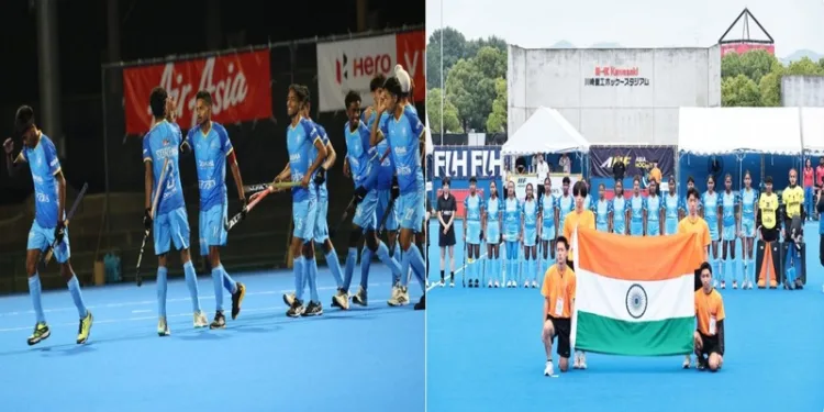(Left) Victorious Indian Men-s hockey team who who won Gold in U-18 Asia Cup (Right) U-18 Women's hockey team who won bronze medal in the Asia Cup