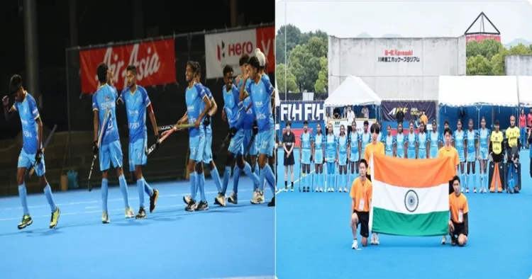 (Left) Victorious Indian Men-s hockey team who who won Gold in U-18 Asia Cup (Right) U-18 Women's hockey team who won bronze medal in the Asia Cup