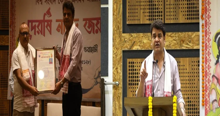 (Right) Prakhar Shrivastava, Senior Consulting Editor and Anchor at Delhi Doordarshan Kendra at a Narada Jayanti programme in Guwahati (Left) Prakahar Srivastava addressing the gathering