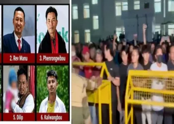 (Left) Six Naga Civilians who were killed (Right)Hundreds of grief-stricken people at the Jawaharlal Institute of Medical Sciences (JNIMS) in Imphal East, where the mortal remains were taken to the mortuary