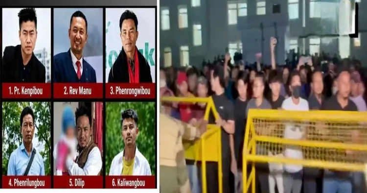 (Left) Six Naga Civilians who were killed (Right)Hundreds of grief-stricken people at the Jawaharlal Institute of Medical Sciences (JNIMS) in Imphal East, where the mortal remains were taken to the mortuary