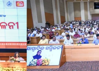 At the press conference marking two years of the state government, CM Mohan Charan Majhi and others addressing the media at the Convention Centre, Lok Seva Bhavan.