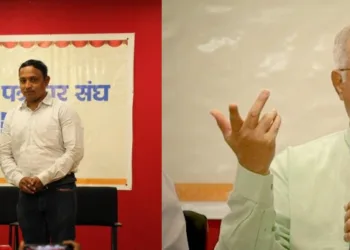 , RSS Akhil Bharatiya Prachar Pramukh Sunil Ambekar at a special interaction programme organised by the Pune Shramik Patrakar Sangh at Navi Peth