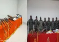 (Left) Maoist Arms seized (Right) Security personnel with the seized arms of Maoists