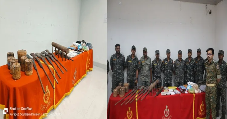 (Left) Maoist Arms seized (Right) Security personnel with the seized arms of Maoists