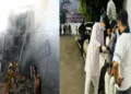 (Left) Fire at the coaching centre in Lucknow (Right) Members of ABVP extending all possible help