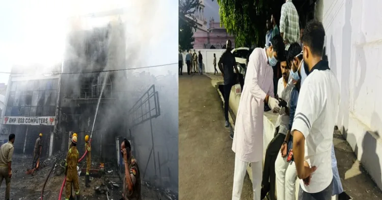 (Left) Fire at the coaching centre in Lucknow (Right) Members of ABVP extending all possible help