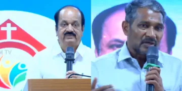 Tamil Nadu Assembly Speaker J.C.D. Prabhakar and Social Justice Minister Vanni Arasu at meeting organized by Pastor Leo Nelson, President of the Tamil Nadu Christian Federation in Chennai (Image Courtes- Leo Nelson YouTube Channel)