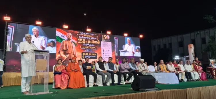 Union Minister for Tourism and Culture Gajendra Singh Shekhawat speaks at the celebrations marking the 150th birth anniversary of Sardar Vallabhbhai Patel in Hyderabad on May 31, 2026.