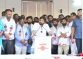 Andhra Pradesh Deputy Chief Minister and Jana Sena Party President Pawan Kalyan with Janasena Party workers in Hyderabad on June 2.