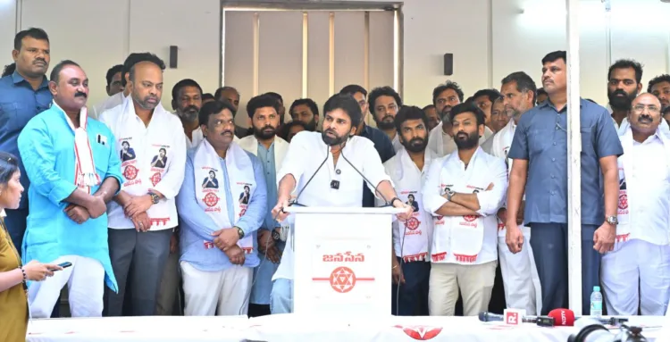 Andhra Pradesh Deputy Chief Minister and Jana Sena Party President Pawan Kalyan with Janasena Party workers in Hyderabad on June 2.