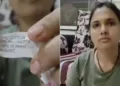 She showed the "Made in Pakistan" label attached to the bedsheet