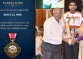 President Droupadi Murmu confers the Padma Shri on former civil servant R.V.S. Mani on June 23, 2026.