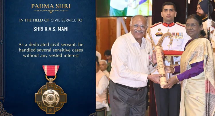 President Droupadi Murmu confers the Padma Shri on former civil servant R.V.S. Mani on June 23, 2026.