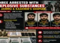 Security forces have arrested Aizaz Ahmad Khanday, Arbaz Ahmad Mir, and Nasir Ahmad Dar in Shopian after recovering explosive substances and Hizbul Mujahideen posters from their possession (Image Source: X)