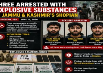 Security forces have arrested Aizaz Ahmad Khanday, Arbaz Ahmad Mir, and Nasir Ahmad Dar in Shopian after recovering explosive substances and Hizbul Mujahideen posters from their possession (Image Source: X)