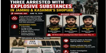 Security forces have arrested Aizaz Ahmad Khanday, Arbaz Ahmad Mir, and Nasir Ahmad Dar in Shopian after recovering explosive substances and Hizbul Mujahideen posters from their possession (Image Source: X)