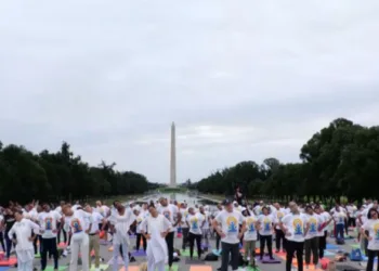 Yoga session at the Lincoln Memorial in Washington, DC