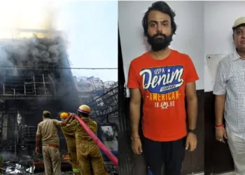 (Left) Site of fire at the coaching centre in Lucknow (Right) Trishank Krishna and Virdendra Shukla arrested