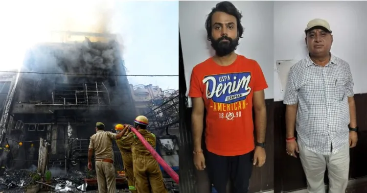 (Left) Site of fire at the coaching centre in Lucknow (Right) Trishank Krishna and Virdendra Shukla arrested