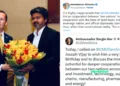The US Ambassador to India Sergio Gor and Tamil Nadu Chief Minister Joseph Vijay; The tweet of BJP Tamil Nadu State Secretary Ashvathaman.