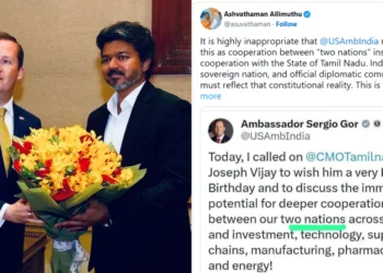 The US Ambassador to India Sergio Gor and Tamil Nadu Chief Minister Joseph Vijay; The tweet of BJP Tamil Nadu State Secretary Ashvathaman.