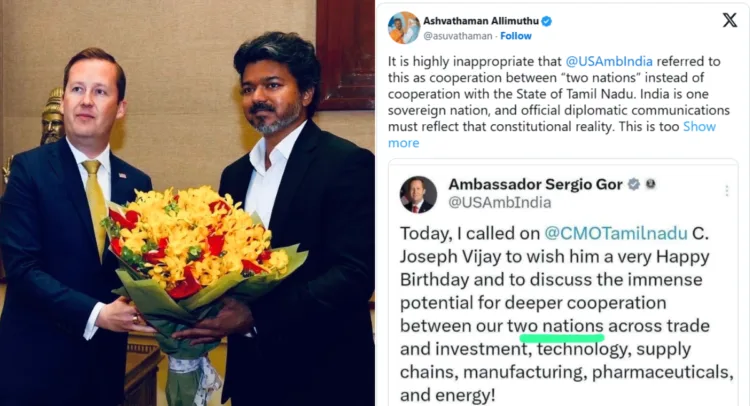 The US Ambassador to India Sergio Gor and Tamil Nadu Chief Minister Joseph Vijay; The tweet of BJP Tamil Nadu State Secretary Ashvathaman.