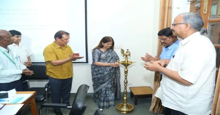 Ceremonial lamp lighting at a seminar in Delhi University organised by Centre for Tribal Studies
