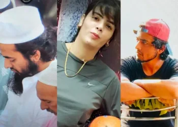Chandni Qureshi (centre) and Ayush Malik before his conversion; the image on the left purportedly shows Ayush, now known as Mohammad Ali, offering namaz