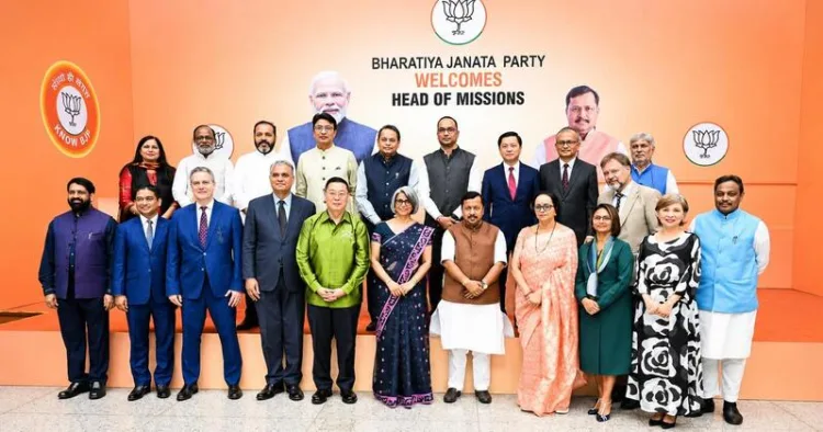 BJP National President Shri Nitin Nabin poses for a group photograph with representatives from 12 countries under the "Know BJP" initiative at the BJP Headquarters in New Delhi on May 26, 2026.