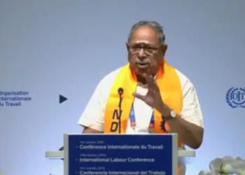 Organisational Secretary of Bharatiya Mazdoor Sangh (BMS), Bojji Surendran addressing the gathering at the 114th Session of the International Labour Conference (ILC) of the International Labour Organization (ILO) in Geneva