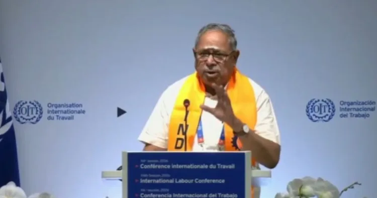 Organisational Secretary of Bharatiya Mazdoor Sangh (BMS), Bojji Surendran addressing the gathering at the 114th Session of the International Labour Conference (ILC) of the International Labour Organization (ILO) in Geneva