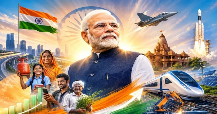 The Modi era is presented as a transformative phase in Indian politics, governance, and national identity, reflecting the aspirations of a rapidly evolving India