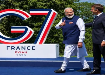 French President Emmanuel Macron welcomes India's Prime Minister Narendra Modi during the G7 summit, in Evian-les-Bains, France, June 16, 2026.
