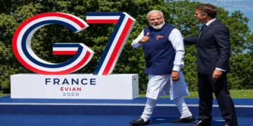French President Emmanuel Macron welcomes India's Prime Minister Narendra Modi during the G7 summit, in Evian-les-Bains, France, June 16, 2026.