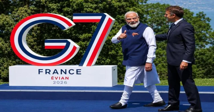 French President Emmanuel Macron welcomes India's Prime Minister Narendra Modi during the G7 summit, in Evian-les-Bains, France, June 16, 2026.
